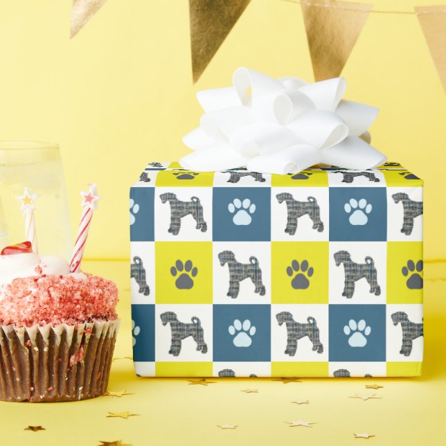 Airedale Terrier Dog & Paw Silhouette Gelb blau Geschenkpapier (Geburtstagsparty)