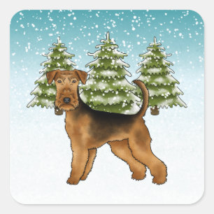 Airedale Terrier Dog Snowy Winterwald Festival Quadratischer Aufkleber