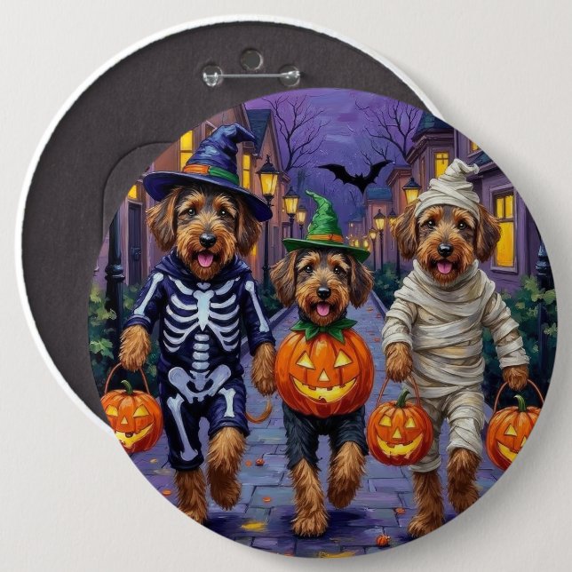 Airedale Terrier Dogs Trick-or-Treating Halloween Button (Vorne & Hinten)