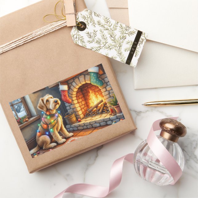 Airedale Terrier Fireplace Christmas Lights Rechteckiger Aufkleber (Schenken)