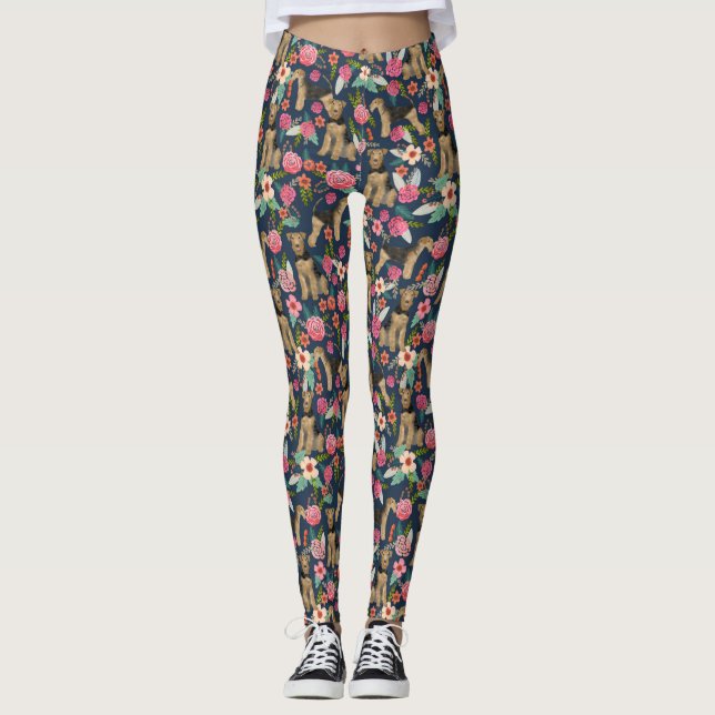 Airedale Terrier Floral Hund Leggings (Vorderseite)