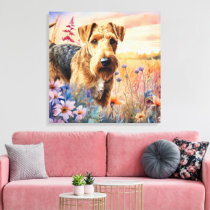 Airedale Terrier Hund auf einer Wildblumenwiese Leinwanddruck