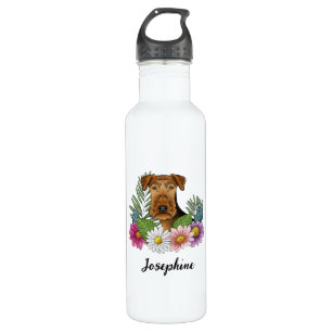 Airedale Terrier Hund farbenfrohe Blume und Name Edelstahlflasche