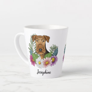 Airedale Terrier Hund farbenfrohe Blume und Name Milchtasse