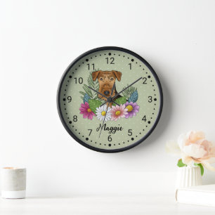 Airedale Terrier Hund Kopf mit Blume und Name Uhr