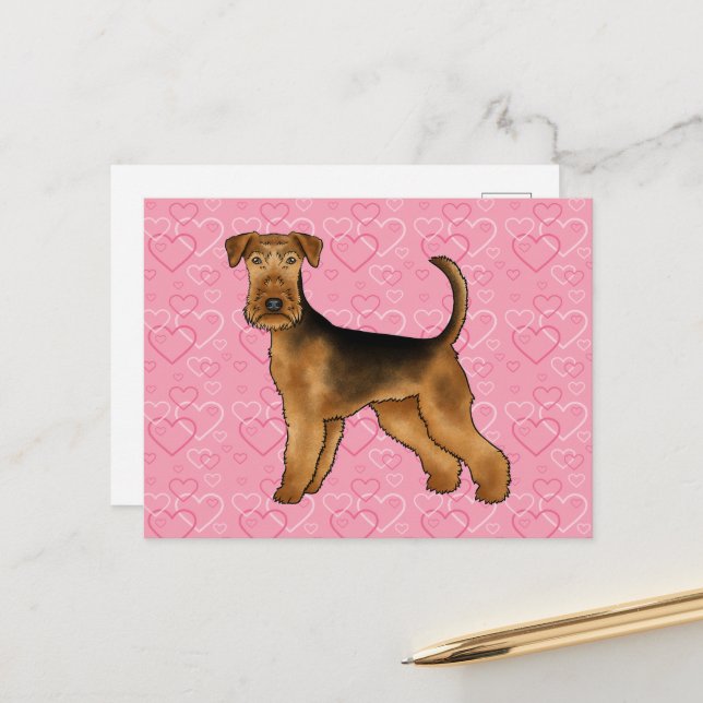 Airedale Terrier Hund Liebe mit rosa Herzmuster Postkarte (Vorderseite/Rückseite Beispiel)