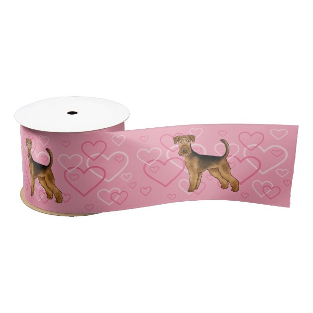 Airedale Terrier Hund Liebe mit rosa Herzmuster Satinband (Spule)