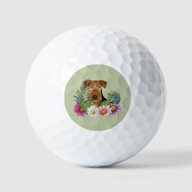 Airedale Terrier Hund mit bunten Blume grün Golfball (Vorderseite)
