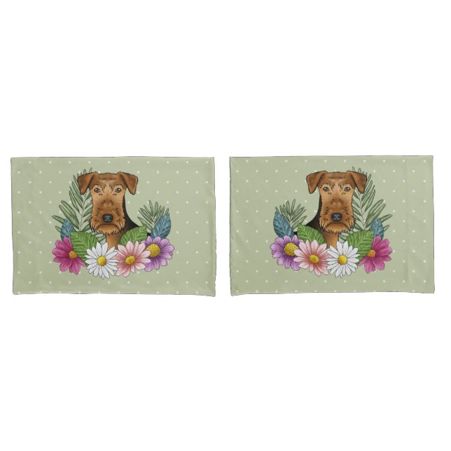 Airedale Terrier Hund mit bunten Blume grün Kissenbezug (Vorderseite-Set)