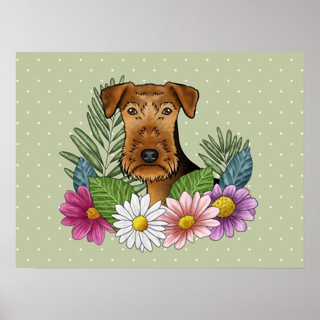 Airedale Terrier Hund mit bunten Blume grün Poster (Vorne)