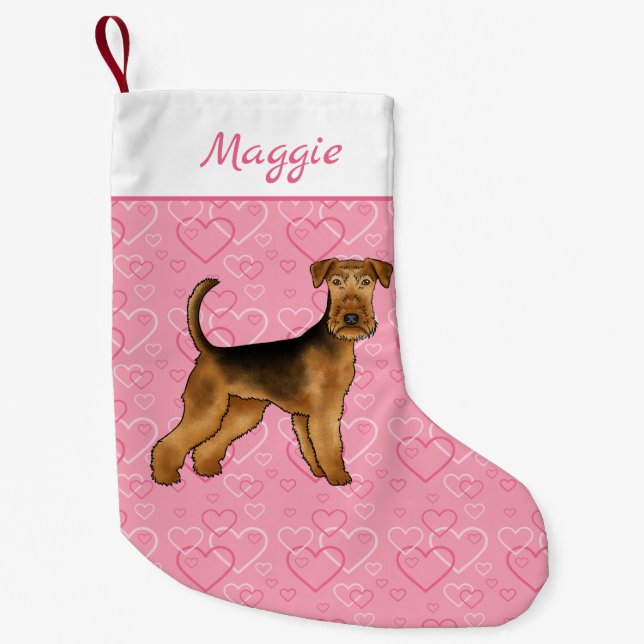 Airedale Terrier Hund mit rosa Herzen und Name Kleiner Weihnachtsstrumpf (Vorderseite)