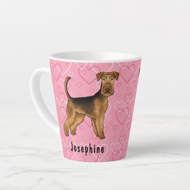 Airedale Terrier Hund mit rosa Herzen und Name Milchtasse (Linke Ecke)