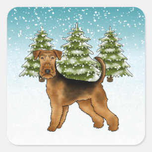 Airedale Terrier Hund Schneeiger Winterwald Festli Quadratischer Aufkleber