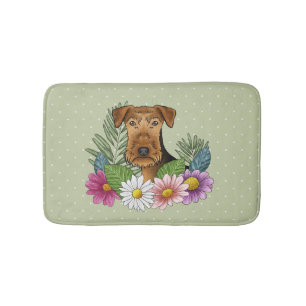 Airedale Terrier Hund und farbenfrohe Blume grün Badematte