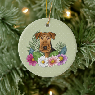 Airedale Terrier Hund und farbenfrohe Blumen Grün Keramik Ornament