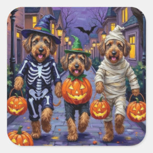 Airedale Terrier Hunde beim Trick-or-Treat an Hall Quadratischer Aufkleber