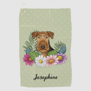 Airedale Terrier Hundekopf Bunte Blumen Grün Golfhandtuch
