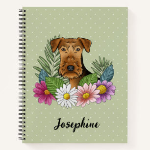 Airedale Terrier Hundekopf Bunte Blumen Grün Notizbuch