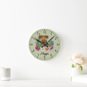 Airedale Terrier Hundekopf mit Blumen und Namen Runde Wanduhr