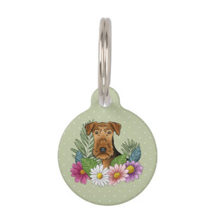 Airedale Terrier Hundekopf mit farbenfrohen Blumen Haustiermarke