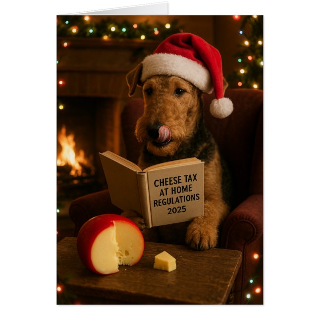 Airedale Terrier 'Käse-Steuer' Weihnachtskarte (Vorne)