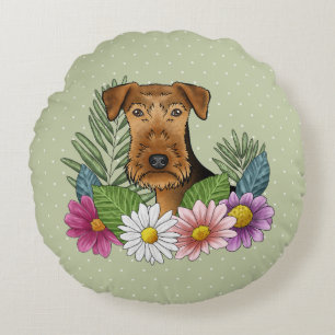 Airedale Terrier Kopf mit farbenfrohen Sommerblume Rundes Kissen