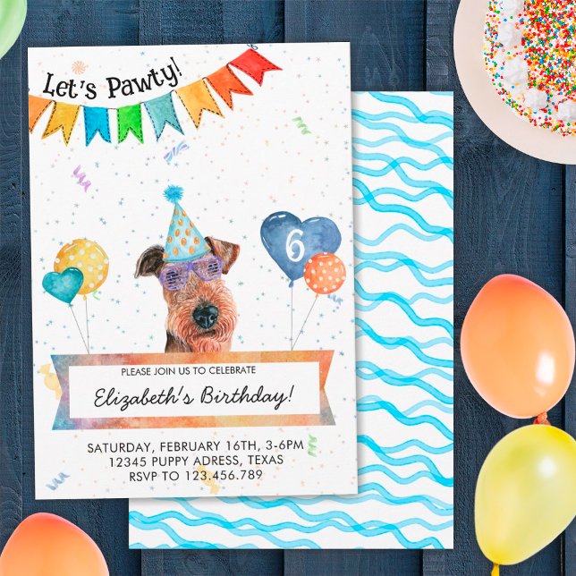 Airedale Terrier Lasse Pawty Dog Birthday Party Einladung (Front and Back)