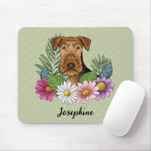 Airedale Terrier mit farbigen Blume und Namen Mousepad