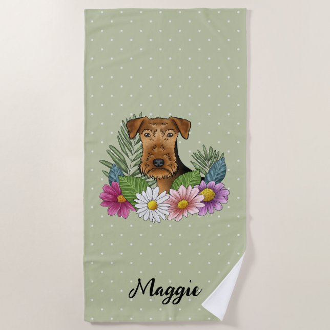 Airedale Terrier mit farbigen Blume und Namen Strandtuch (Vorderseite)