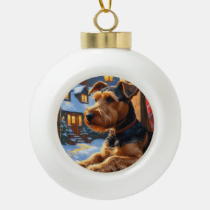 Airedale Terrier mit Weihnachtsbeleuchtung Feierta Keramik Kugel-Ornament