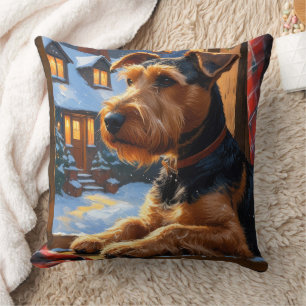 Airedale Terrier mit Weihnachtsbeleuchtung Feierta Kissen