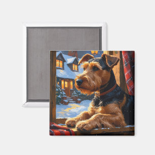 Airedale Terrier mit Weihnachtsbeleuchtung Ferien Magnet