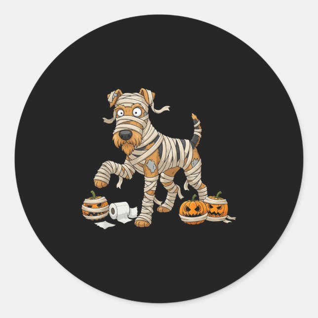 Airedale Terrier Mummy Pumpkin Halloween Kids Mens Runder Aufkleber (Vorderseite)