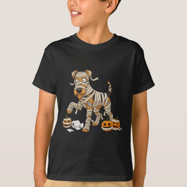 Airedale Terrier Mummy Pumpkin Halloween Kids Mens T-Shirt (Vorderseite)