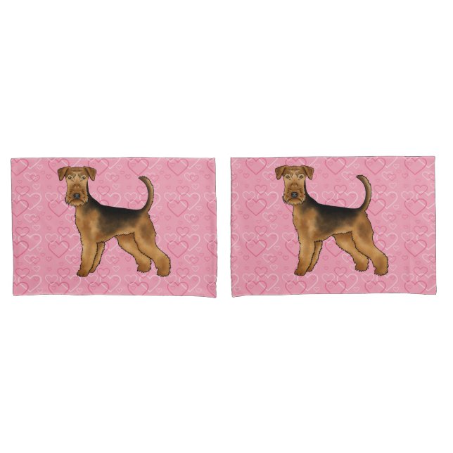 Airedale Terrier Niedliche Hunde Liebe mit rosa He Kissenbezug (Vorderseite-Set)