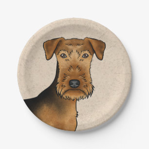 Airedale Terrier Niedlicher Cartoon Dog auf Beige Pappteller