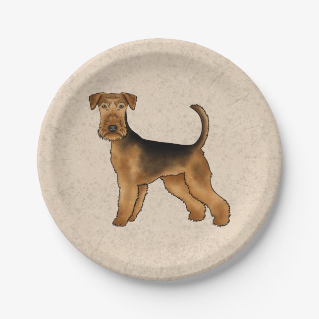 Airedale Terrier Niedlicher Cartoon Hund auf Beige Pappteller (Vorderseite)