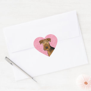 Airedale Terrier Niedlicher Hund Kopf auf rosa Her Herz-Aufkleber