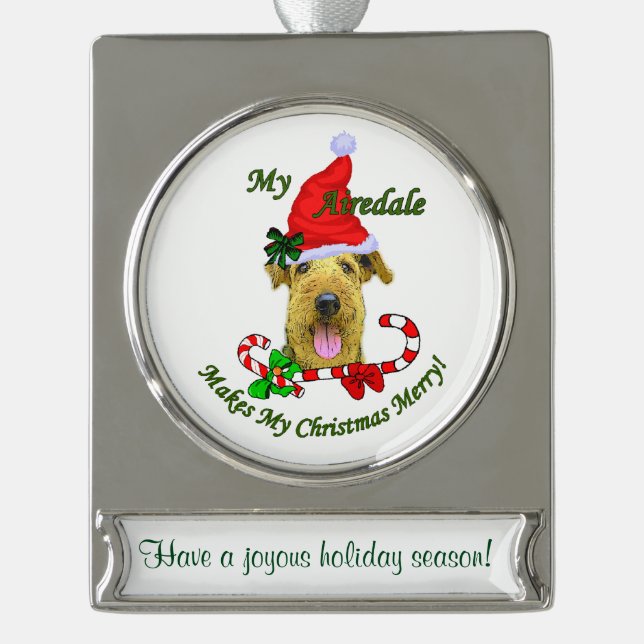 Airedale Terrier Personalisiert Weihnachten Banner-Ornament Silber (Vorderseite)