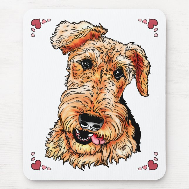 Airedale Terrier Pink Hearts Valentinstag Mousepad (Vorne)