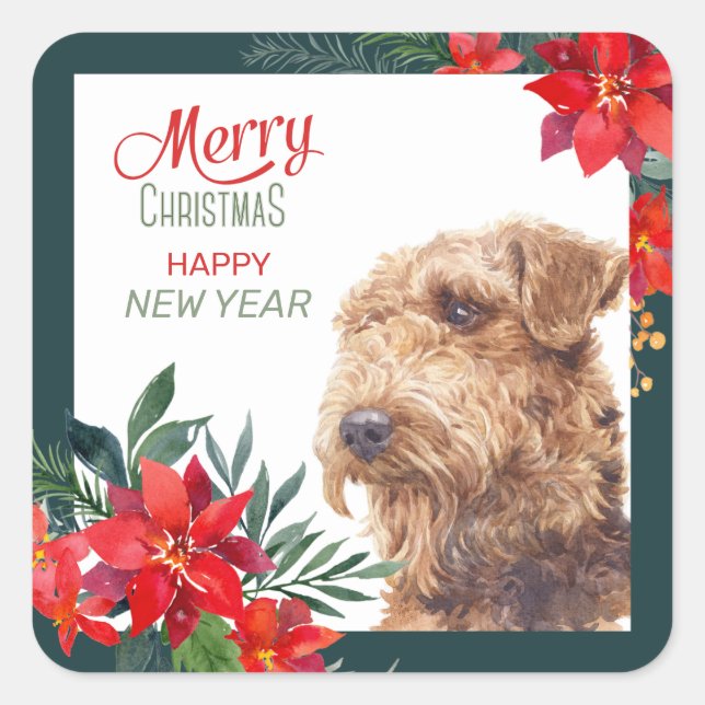 Airedale Terrier Poinsettia - Weihnachten Quadratischer Aufkleber (Vorderseite)