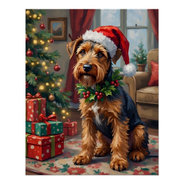 Airedale Terrier Santa Hat Christmas Fun Art Poster (Vorderseite)