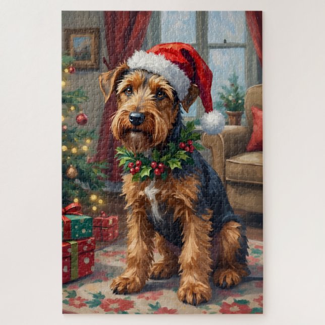 Airedale Terrier Santa Hat Christmas Fun Art Puzzle (Vertikal)