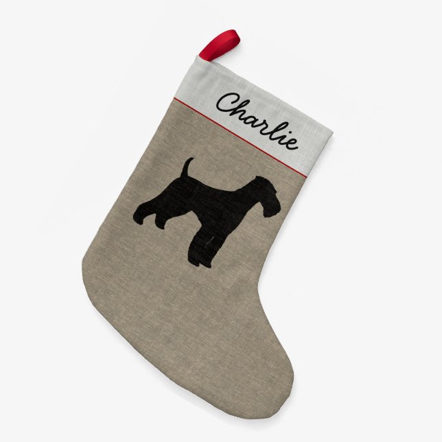 Airedale-Terrier-Silhouette-personalisiertes Kleiner Weihnachtsstrumpf (Vorderansicht (hängend))