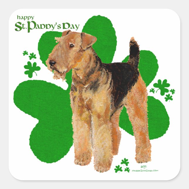 Airedale Terrier St Paddy Quadratischer Aufkleber (Vorderseite)