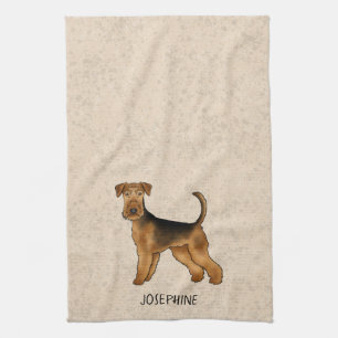 Airedale Terrier Süßer Cartoon-Hund und Name Beige Geschirrtuch