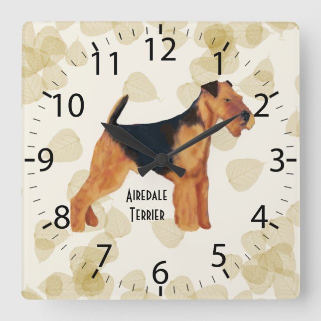 Airedale Terrier ~ Tan Blätter Design Quadratische Wanduhr (Vorderseite)