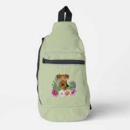 Airedale Terrier und farbenfrohe Sommer Blume Grün Crossbody Bag