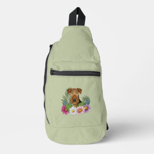 Airedale Terrier und farbenfrohe Sommer Blume Grün Crossbody Bag