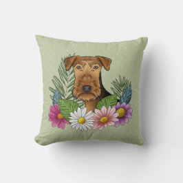 Airedale Terrier und farbenfrohe Sommer Blume Grün Kissen